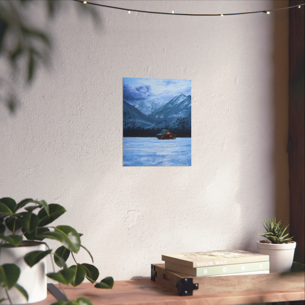 Fine Art Poster — Cozy Mountain Cabin Winter Landscape Print